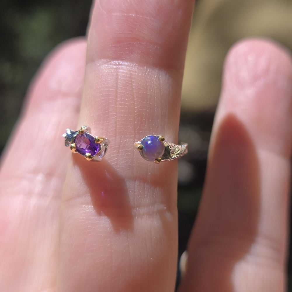 Opal & Amethyst Gemstone Sterling & Gold Ring Sz6 Adjustble - Picture 9 of 11